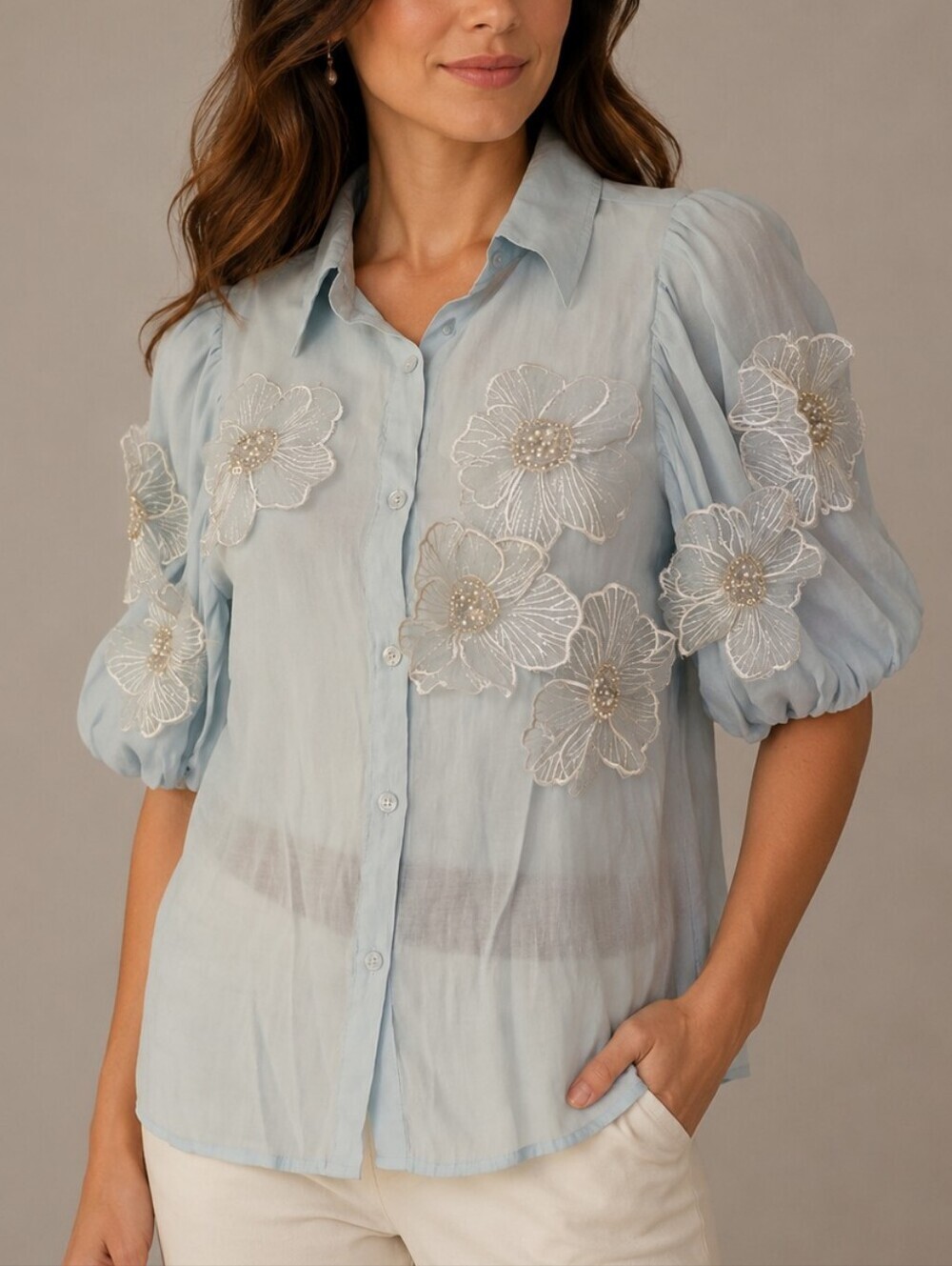 ANEWSTA Light Blue Floral Appliqué Puff Sleeve Button-Up Top
